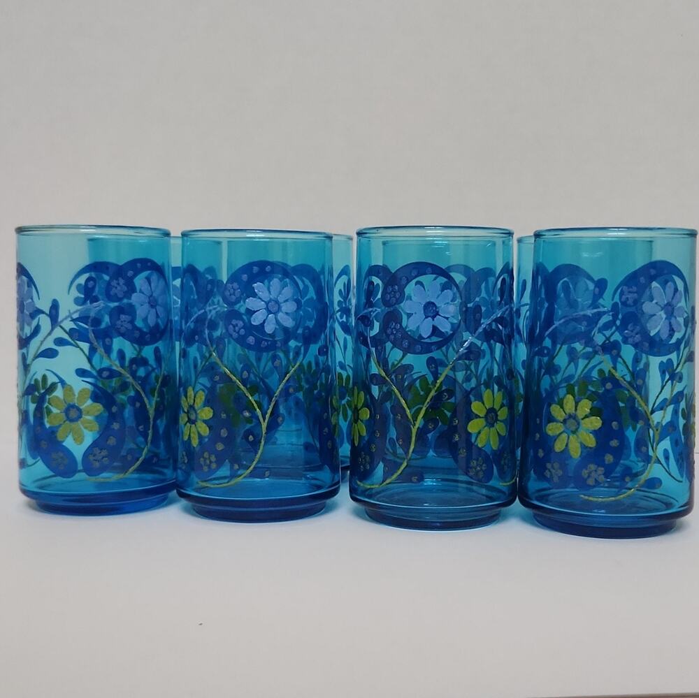 Vintage Anchor Hocking Laser Blue Rainflower Glasses Tumblers Set of 8 MCM